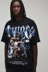 Mens Oversized Over Seams Gothic Print T-Shirt - Black Cotton - Size Large
