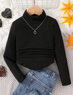 Camiseta de punto de unicolor con cuello de pico simulado y fruncido, ideal para uso casual y diario, y para el colegio en otoño e invierno, niña jo - Shein - FashionsVida
