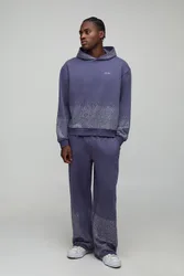 Herren Oversized Boxy Strass-Hoodie Sweatshirt und Wide Leg Jogginghose Navy Größe Small