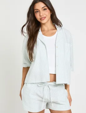 Womens Stripe Short Sleeve Shirt & Co-Ord - Green - Size 10 Uk - Boohoo - FashionsVida