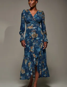 Women's Long Sleeve Frill Hem Mesh Maxi Dress in Navy Size: 14 - Navy - Size: 14 - Jolie Moi - FashionsVida