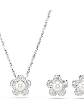Set Ariana Grande x , Crystal Pearl, Taglio Round, Fiore, Bianco, Placcato rodio OS