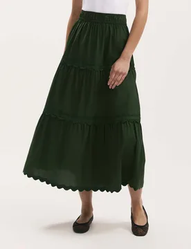 Pure Cotton Midaxi Tiered Skirt Dark Khaki female - Finery London - FashionsVida