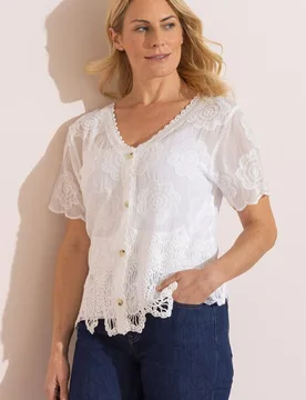Crochet Hem Embroidered Cotton Blouse - Ivory - Size: S/M - Anna Rose - FashionsVida