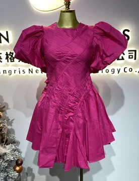 Elegant Irregular Dress, Casual Women's O-Neck, Pink Puff Sleeves, Retro Pleated Skirt-GZXX275 - Aliexpress - FashionsVida
