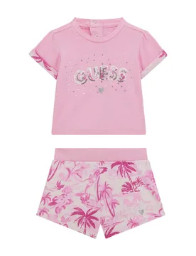 Completo t-shirt e short rosa in cotone stretch con fantasia palme - Guess - FashionsVida