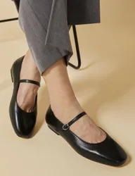 Leather Buckle Flat Pumps Black female