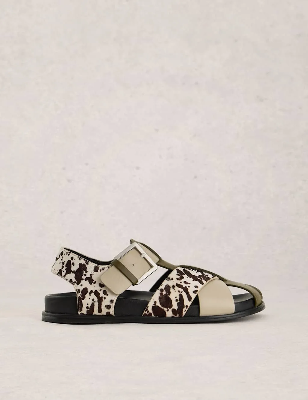 Leather Metallic Buckle Gladiator Sandals Black Mix female - White stuff - FashionsVida