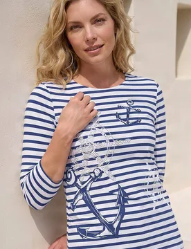 Women's Anchor Stripe Print Top in Blue Size: 14 - Blue - Size: 14 - Roman - FashionsVida