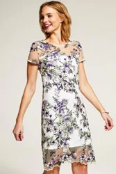 Embroidered Cap Sleeve Party Dress - White - Size: 8