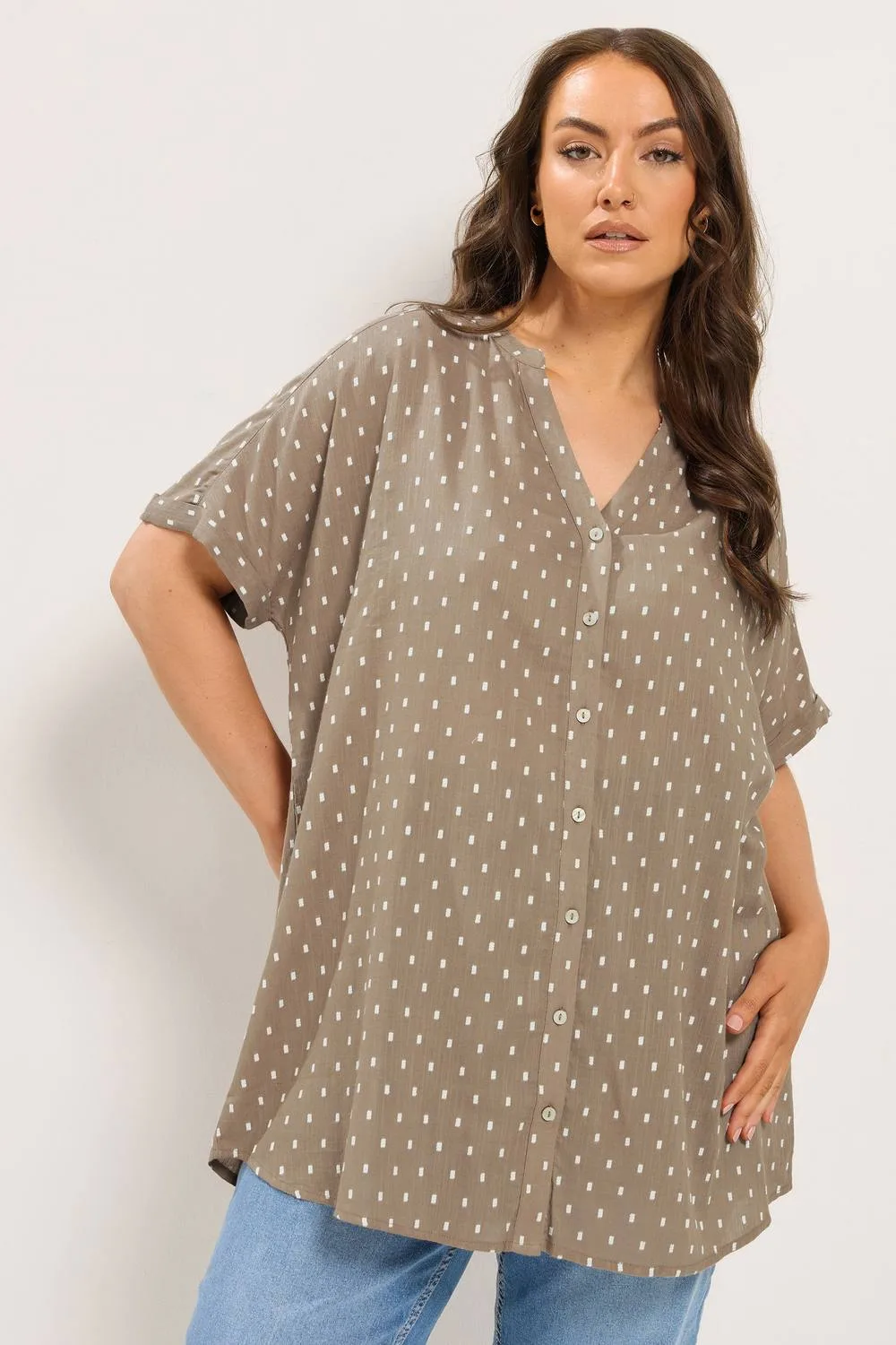 Notch Neck Dobby Blouse - Light Brown - Size: 18 - Yours - FashionsVida