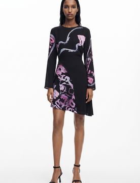 Robe courte asymétrique à lettres, Polyester, Noir, XS