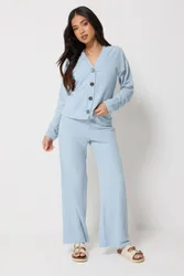 Women's Petite Ribbed Top & Trousers Set in Light Blue Size: 12 - Light Blue - Size: 12
