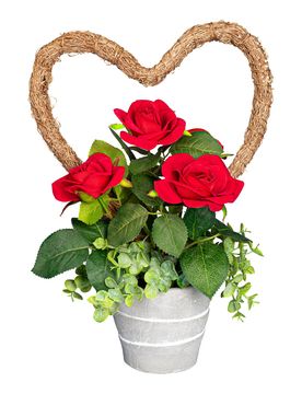 Blumenarrangement Rosen-Topf „von Herzen“ rot braun gruen