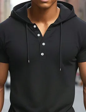 Camiseta casual para hombre con cordón de manga corta con capucha y unicolor para verano - Shein - FashionsVida
