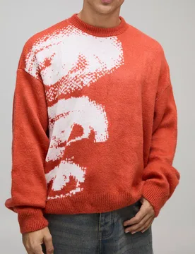 Men's Oversized Boxy Blurred Eye Knitted Jumper Orange Size 5X-Large Orange 5XL - boohooMAN - FashionsVida