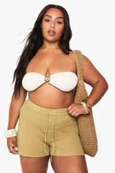 Womens Plus Cheesecloth Beach Shorts - Khaki Cotton - Size 28 Uk