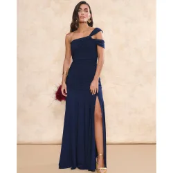 Vestido largo con escote asimétrico y tirante de doble cruce