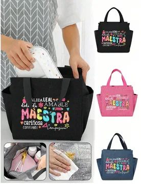 Bolsa de almuerzo aislada, con patrón de tema de maestro de dibujos animados, emparejada con bolsa de almacenamiento de utensilios negra, lonchera de - Shein - FashionsVida