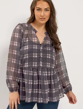 Women's Check Chiffon Blouse in Purple Size: 18 - Purple - Size: 18 - Yours - FashionsVida