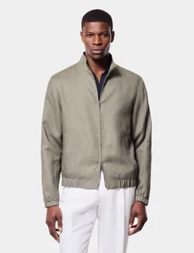 Pure Linen Funnel Neck Zip Up Bomber Jacket Olive male - Hawes & Curtis - FashionsVida