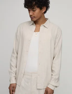 Herren Regular-Fit Langarm-Leinenhemd Natural Größe XL - boohooMAN - FashionsVida