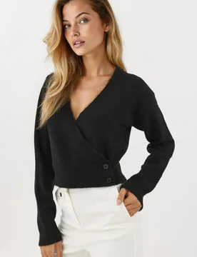 Womens V-Neck Buttoned Wrap Sweater - Black - Hiccup - FashionsVida