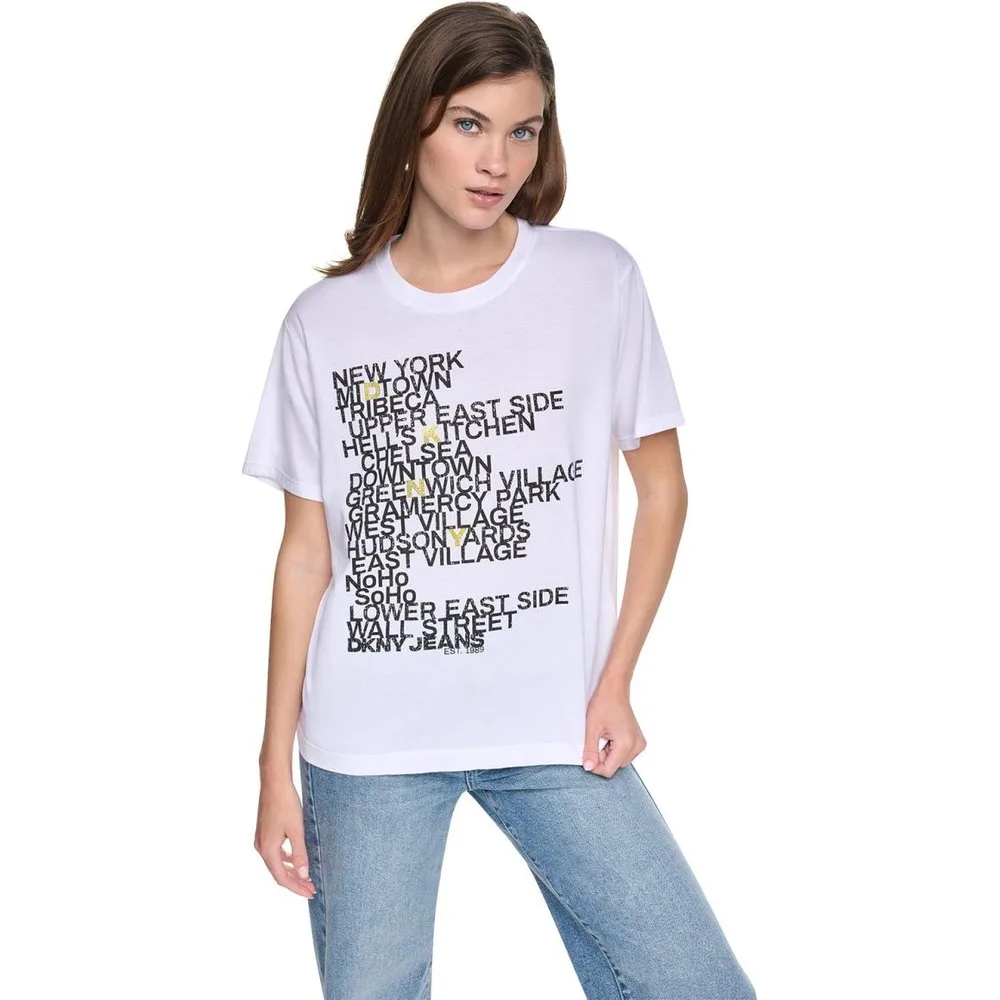 Camiseta de mujer de manga corta y cuello redondo con texto frontal - DKNY Jeans - FashionsVida