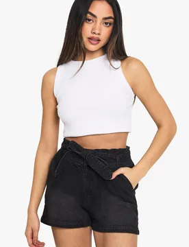 Womens Paper Bag Waist Denim Short - Black Cotton - Size 10 Uk - Boohoo - FashionsVida