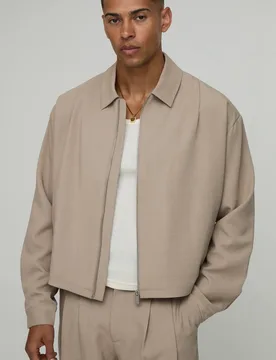 Herren Taillierte Falten-Front Übergroße Kastige Co-Ord Harrington-Jacke Taupe Größe Large - boohooMAN - FashionsVida
