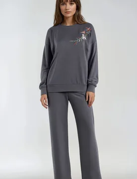 Womens Embroidered Crew Neck Sweatshirt & Straight Leg Pants Two-Piece Set - Dark Grey - Size Medium - Hiccup - FashionsVida