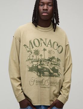 Herren Übergroßes Monaco Racing Waschung Sichtbare Naht Langarm Oberteil Khaki Größe XL
