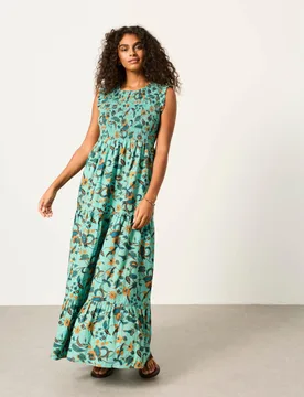Pure Cotton Floral Maxi Tiered Dress Teal Mix female - Fatface - FashionsVida