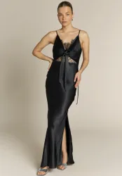 Remi Lace Panel Satin Dress in Black - 8