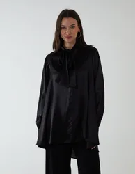 Plain Button Through Pussybow Shirt - S/M / BLACK - female