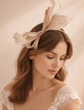 Women's Bow Shaped Fascinator with Sinamay Curls & Feathers in Nude - Nude - Size: One Size - SVNX - FashionsVida