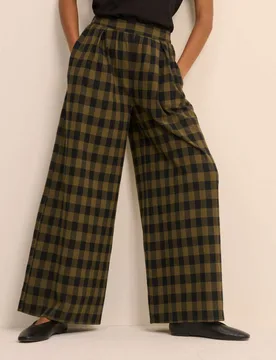 Pure Cotton Checked Wide Leg Trousers Khaki female - Nobody's Child - FashionsVida