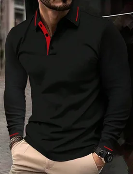 Pieza Camisa POLO de manga larga delgada con cuello abotonado de unicolor, estilo casual de moda para hombres, adecuada para primavera y otoño - Shein - FashionsVida
