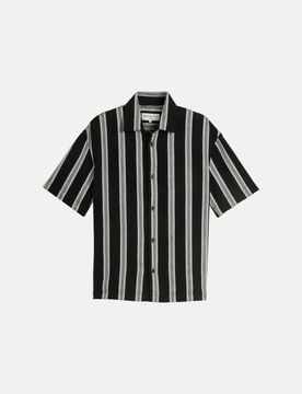 Loose- Fit Kurzarmhemd mit Streifenmuster Schwarz L