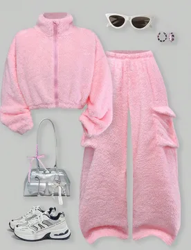 Set de 2 piezas de chaqueta de cuello alto suelta y casual de felpa + pantalones con bolsillo de carga para niñas preadolescentes, adecuado para uso - Shein - FashionsVida