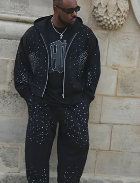 Men's Plus Shrunken Rhinestone Zip Through Hoodie Black Size 2X-Large Black 2XL - boohooMAN - FashionsVida