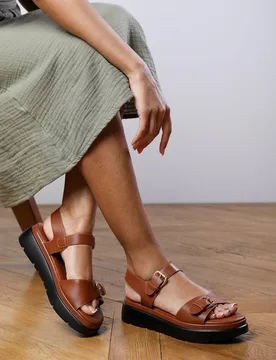 Andrea' Chunky Buckle Strap Sandal - Tan - Size: 6 - Where's That From - FashionsVida