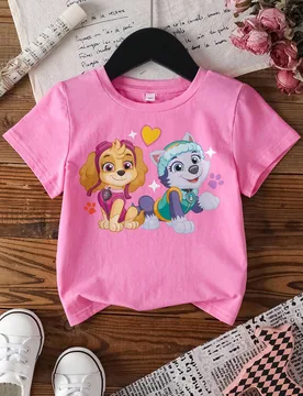 Camiseta de manga corta con cuello redondo y estampado de dibujos animados para niña - Shein - FashionsVida