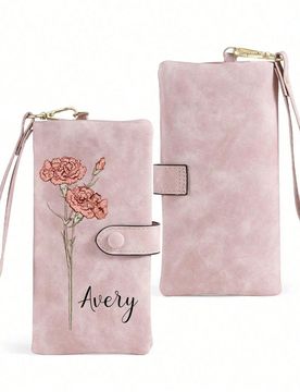 Pieza Cartera personalizada para mujer, cartera de cuero rosa, cartera de 3 pliegues de gran capacidad, personalizable con flores y nombre, regalo del