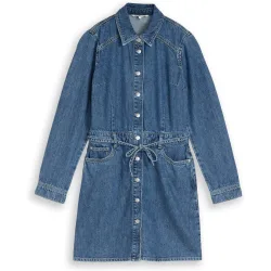 Vestido corto vaquero de manga larga con cuello clásico, botones y diseño liso