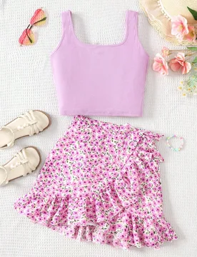 Conjunto de 2 piezas para niña preadolescente: top sin mangas de cuello redondo minimalista y cómodo & falda con volantes - Shein - FashionsVida