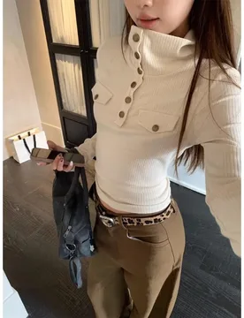 This Is A New Korean-style Slimming Shoulder-fitting T-shirt with A High-neck Design Versatile Top for Women's Autumn and Winter - Aliexpress - FashionsVida
