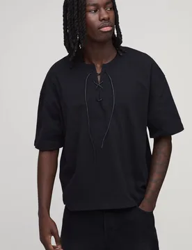 Men's Oversized Boxy Drawcord V Neck T-Shirt Black Size X-Large Black XL - boohooMAN - FashionsVida