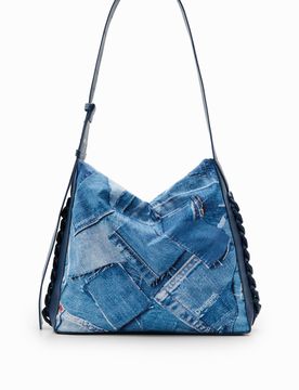 Grand sac patchwork denim, Polyester, Bleu, U