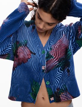 Jersey cárdigan flores, Mujer, Algodon, Azul, XS